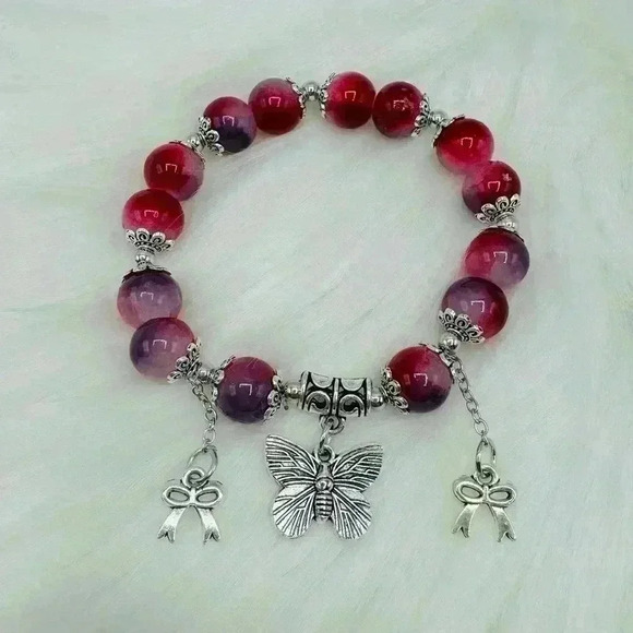 Berry Gradient Glass Bead Bracelet with Butterfly Charms - Picture 2 of 4